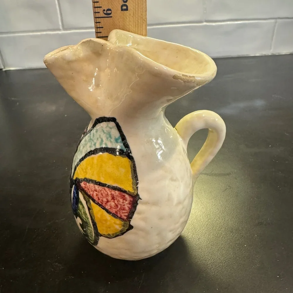 Hand Painted Ceramic Rooster Pitcher Small Cream Multi Color Vintage Folk Art
